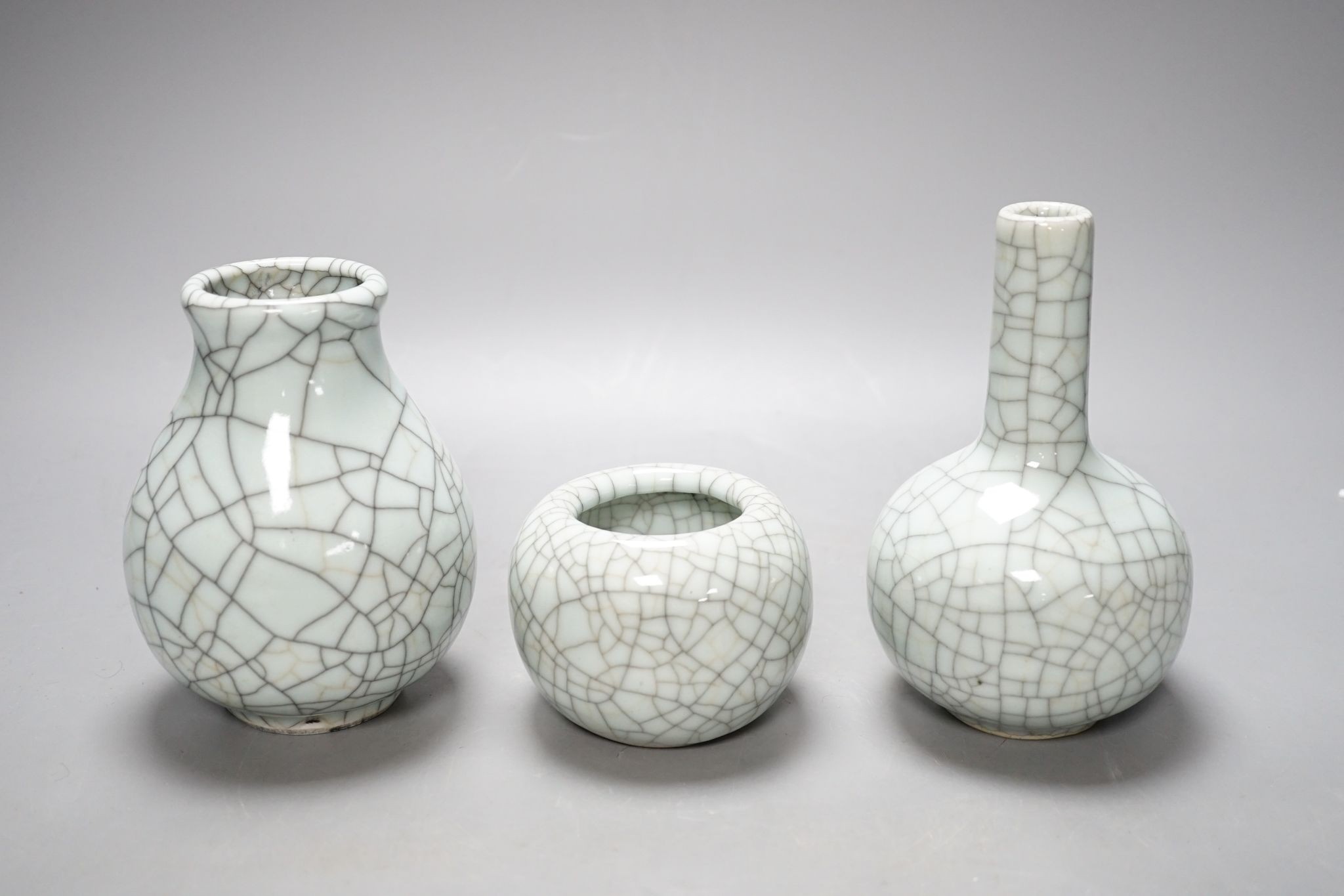 Three Chinese crackle glaze vases, 16cm